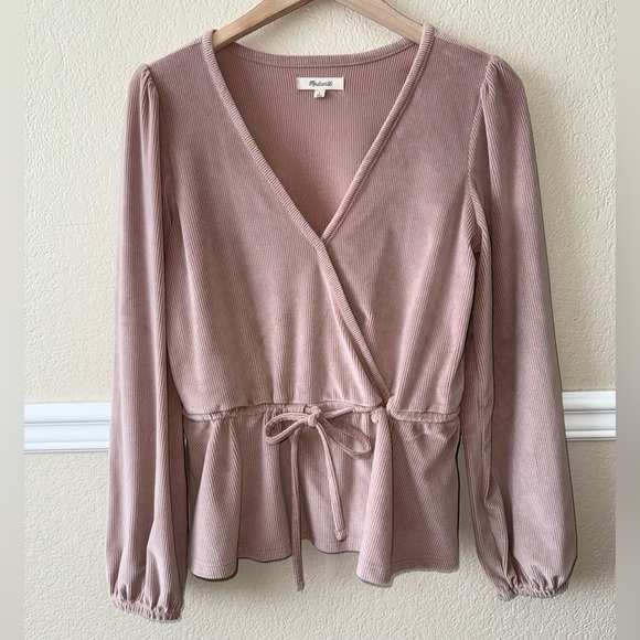 Madewell Corduroy Tie-front Faux-wrap Long Sleeve Blouse Top Pink Mauve Small - Picture 1 of 9